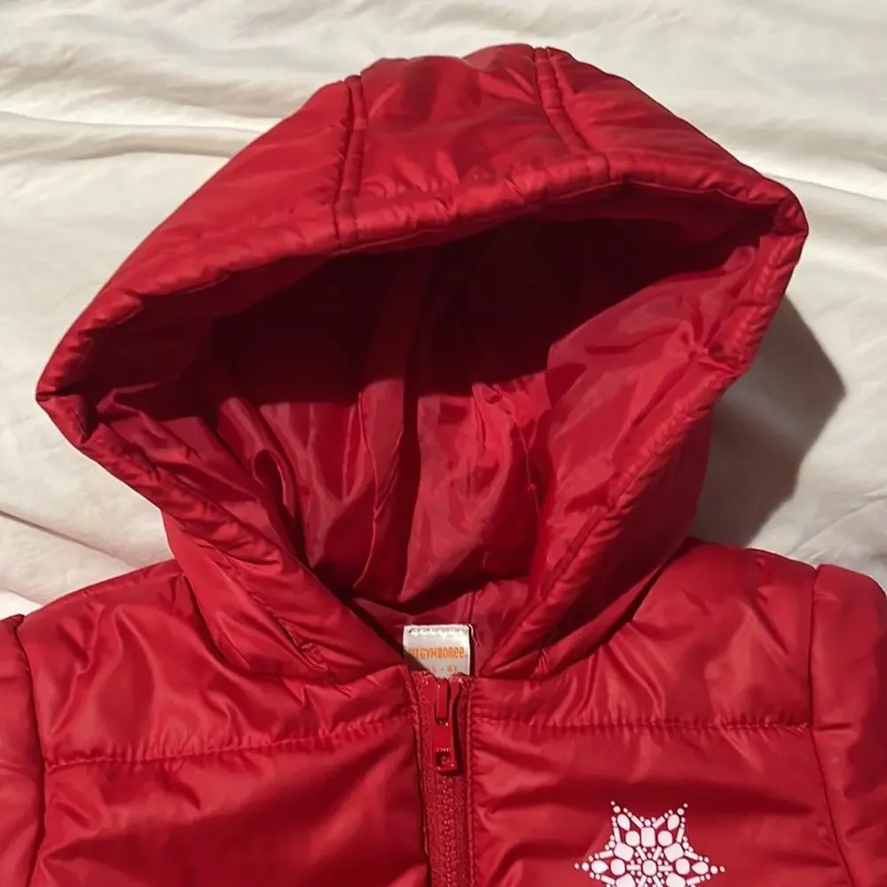 Gymboree M 7/8 hooded red puffer lined jacket front zip snowflake detail nwot